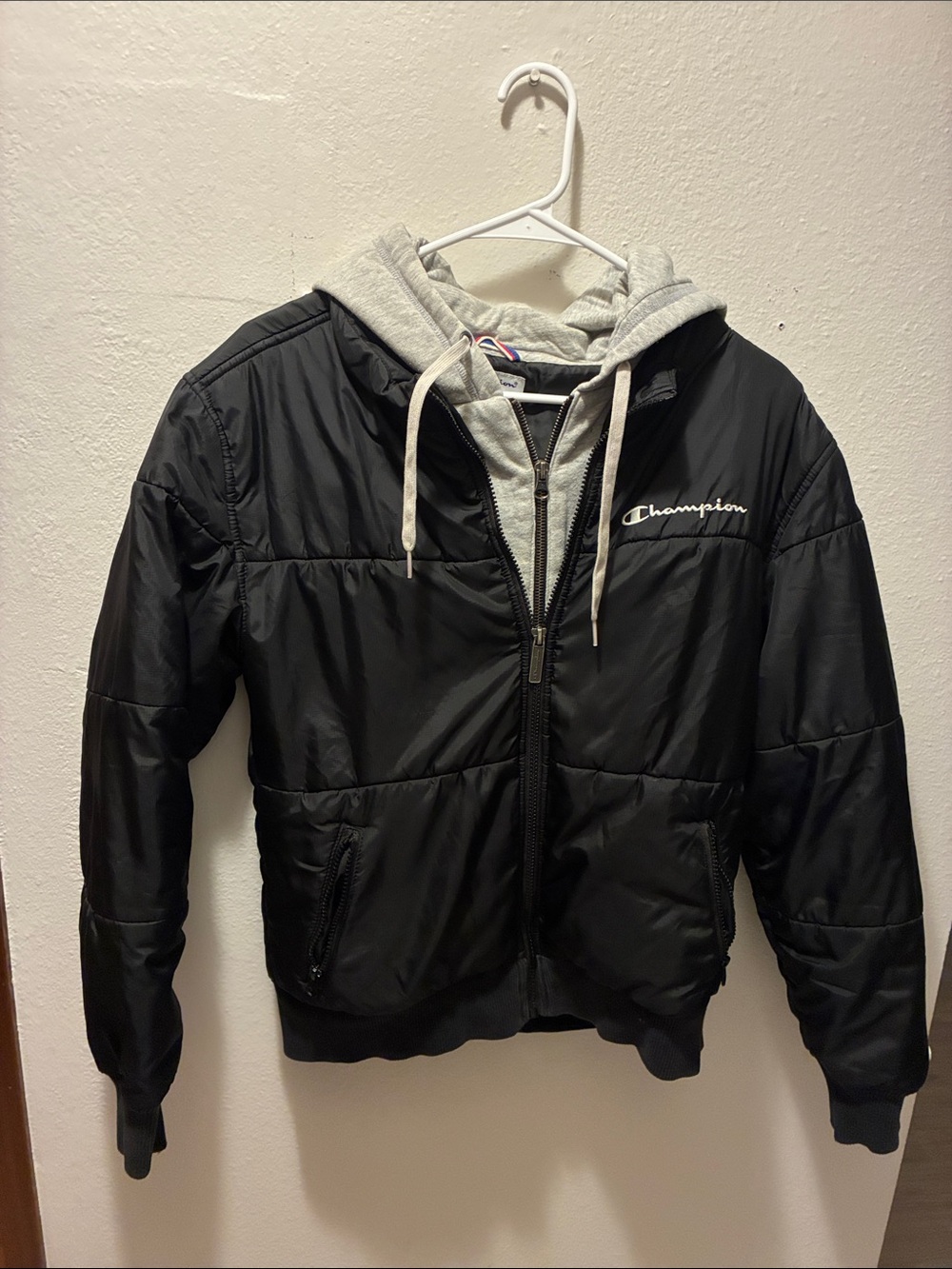 Champion Black Puffer Jacket with Gray Hooded Liner
